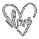 Metal die cut shaped like a heart with 'love' text on a white background