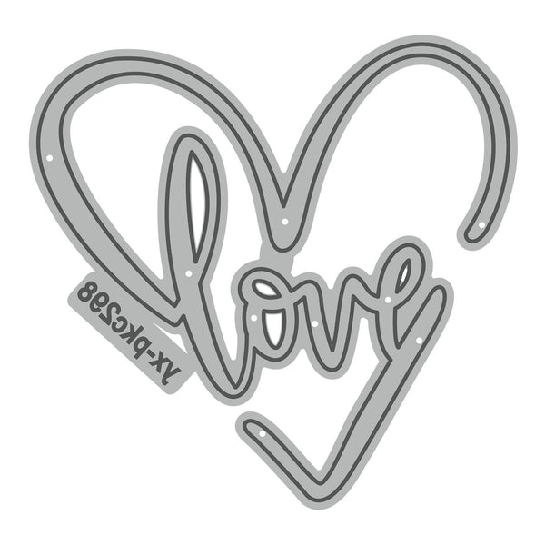 Metal die cut shaped like a heart with 'love' text on a white background