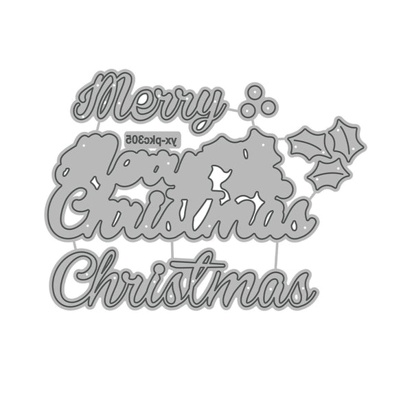 Gray 'Merry Christmas' decorative sign with holly leaves on a white background