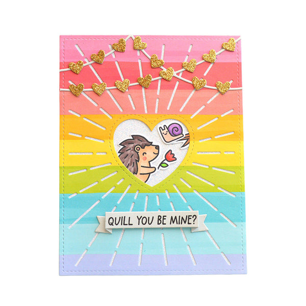 Colorful card with a hedgehog and snail illustration and 'Quill You Be Mine?' text on a white background.