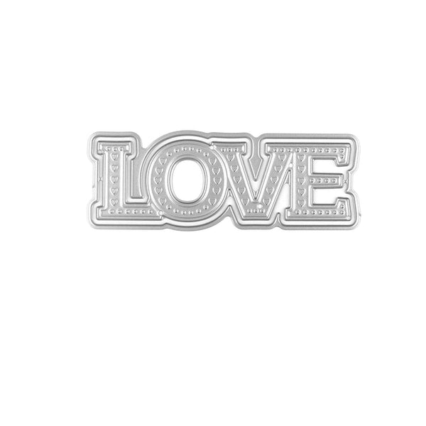 Decorative metal word 'LOVE' on a white background