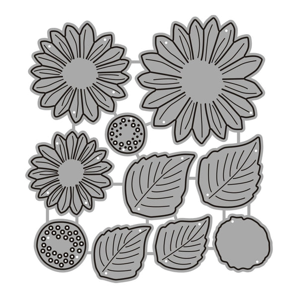 Set of gray floral and leaf-shaped stamps on a white background