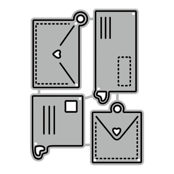 Set of four metallic die-cut shapes with heart and square designs on a white background