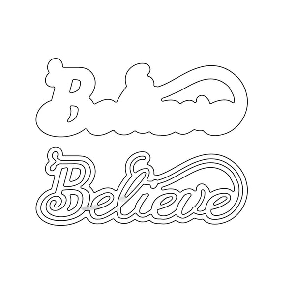 Outline of a bat and the word 'Believe' on a white background