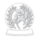 Outline of a snow globe with tree and holly design on a white background