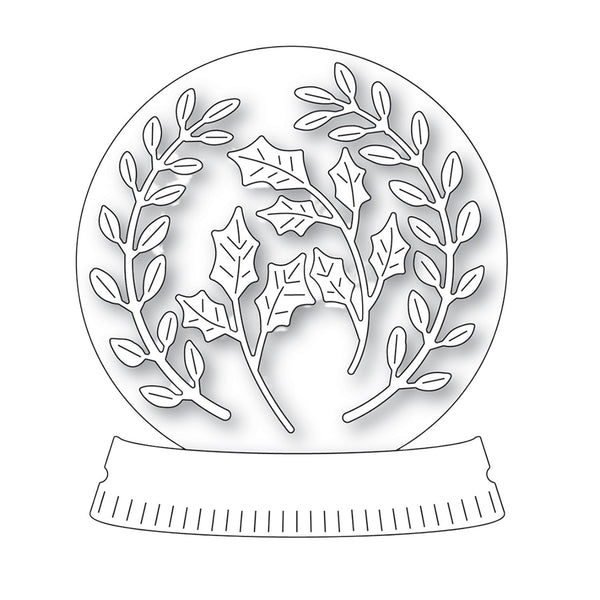 Outline of a snow globe with tree and holly design on a white background