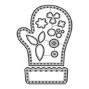 Metal die cut in the shape of a mitten with floral patterns on a white background