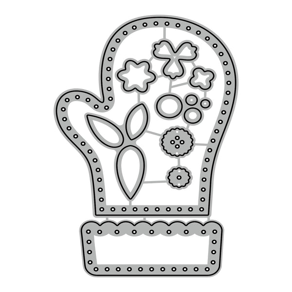 Metal die cut in the shape of a mitten with floral patterns on a white background