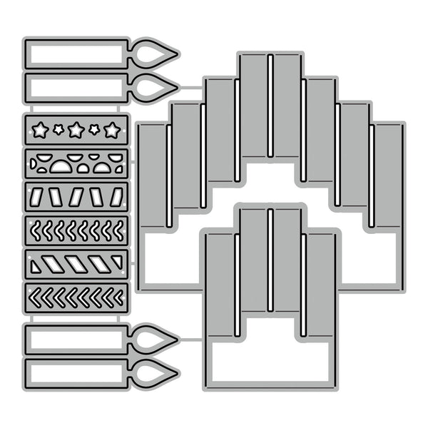 Set of metal dies with various shapes and patterns on a white background