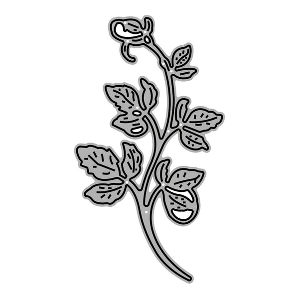 Black and white illustration of a leafy branch with leaves and a flower bud on a white background