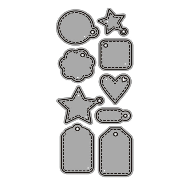 Set of gray die-cut shapes including circles, stars, and tags on a white background