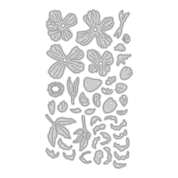 Set of floral and leaf-shaped metal stamps on a white background