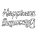 Metallic 'Happiness Blooming' word cutout on a white background