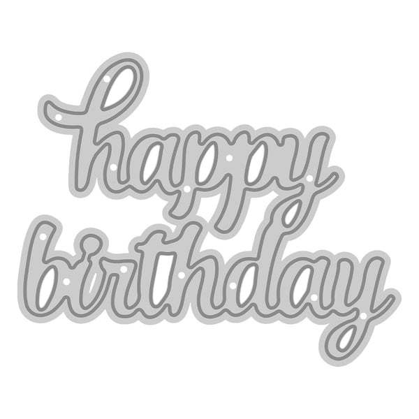 Metallic 'Happy Birthday' lettering cutout on a white background