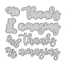 Metallic letter stamps with various phrases on a white background