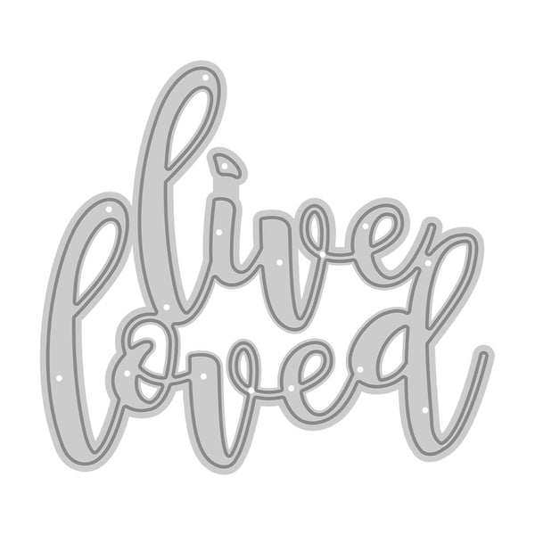 Metallic 'live loved' word cutout on a white background