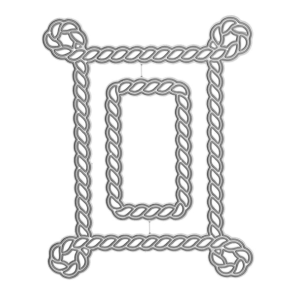 Decorative metal frame with intricate braided design on a white background