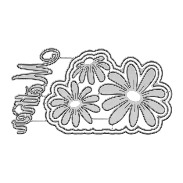 Metal die cut with floral shapes and 'Mystique' text on a white background