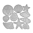 Set of metallic seashell and starfish shapes on a white background