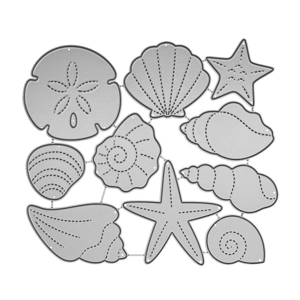 Set of metallic seashell and starfish shapes on a white background