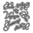 Set of black metal letter cutouts with decorative text on a white background
