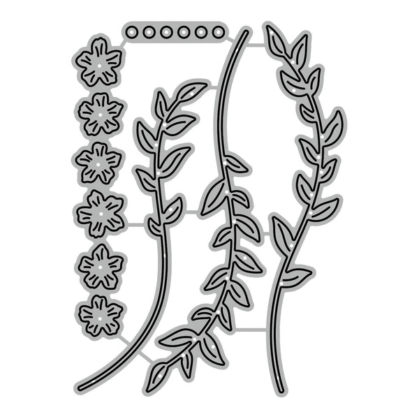 Decorative metal cutting dies with floral and leaf designs on a white background