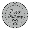 Decorative metal sign with 'Happy Birthday' text and butterfly design on a white background