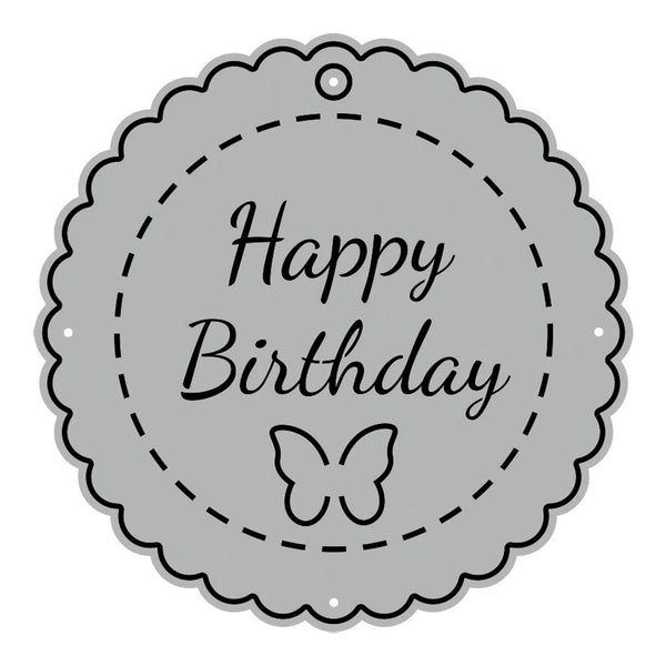 Decorative metal sign with 'Happy Birthday' text and butterfly design on a white background