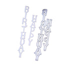 Metallic 'Happy Birthday' letter cutters on a white background