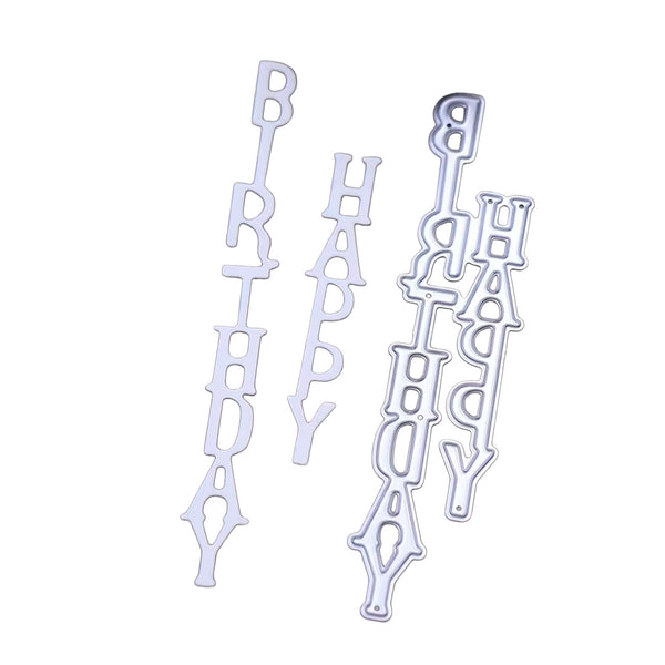 Metallic 'Happy Birthday' letter cutters on a white background