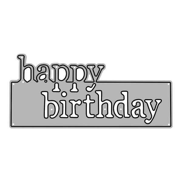 Metallic 'happy birthday' text cutout on a white background