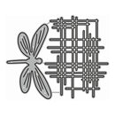 Metal die cut with dragonfly design and grid pattern on a white background
