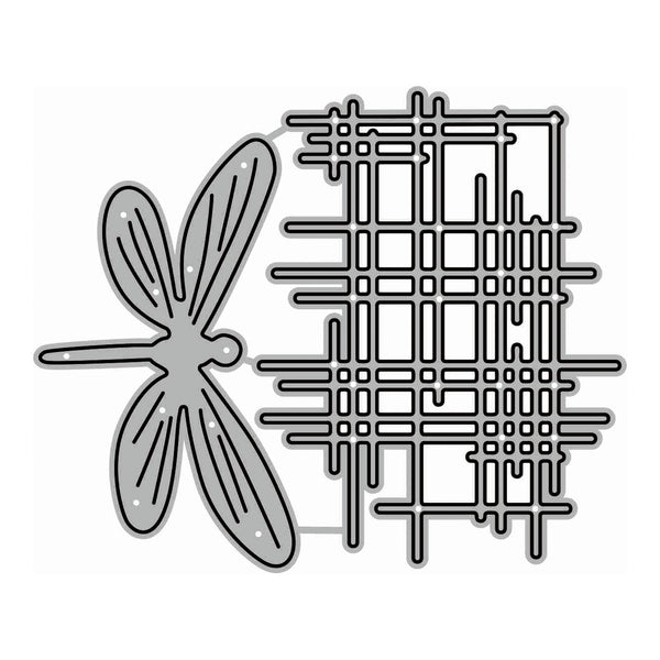Metal die cut with dragonfly design and grid pattern on a white background
