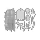 Set of metal dies including a textured square, tag, and floral designs on a white background.