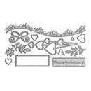 Decorative metal cutting die with 'Happy Anniversary!' text on a white background