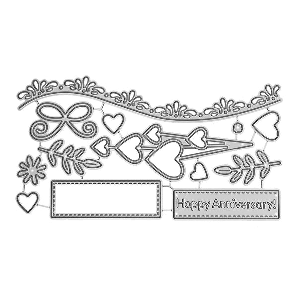 Decorative metal cutting die with 'Happy Anniversary!' text on a white background