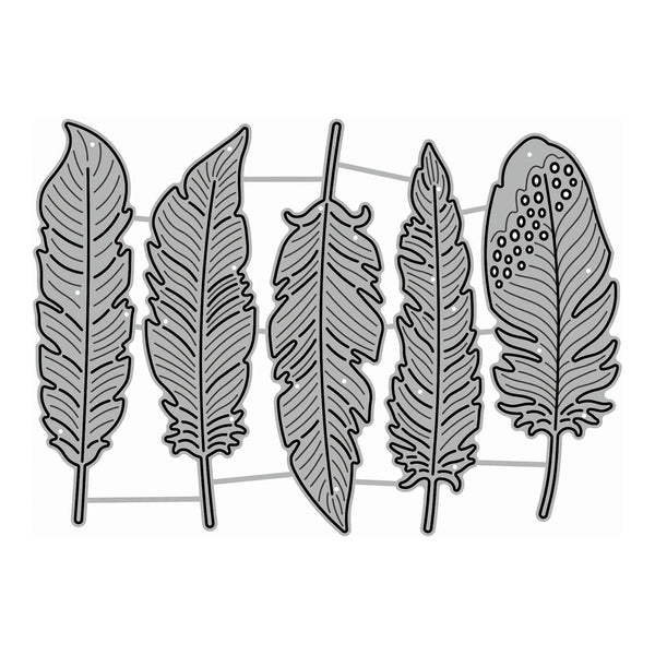 Set of five feather-shaped metal stamps on a white background