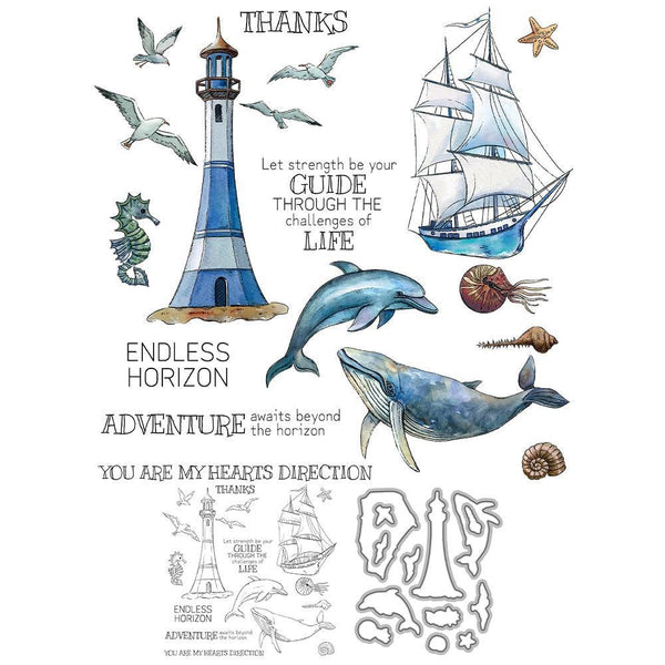 Nautical-themed design with lighthouse, ship, dolphins, whale, and seahorse on a white background.