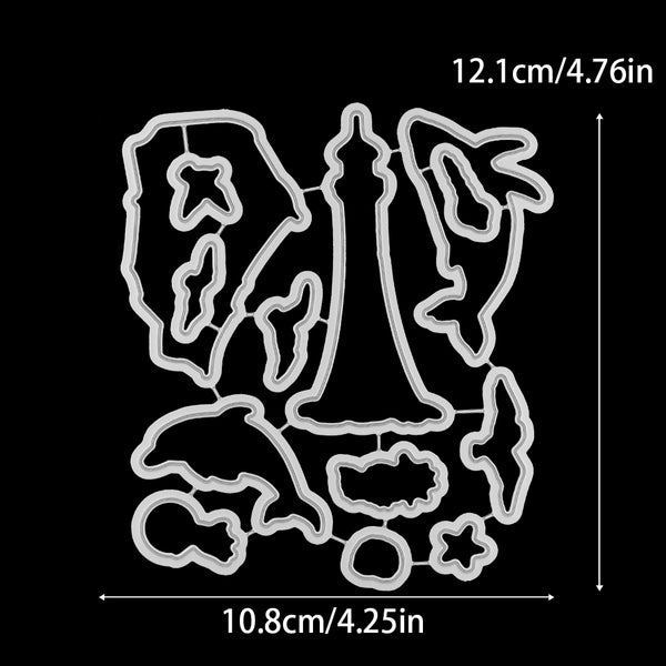 Metal die cut with floral design and measurements on a black background