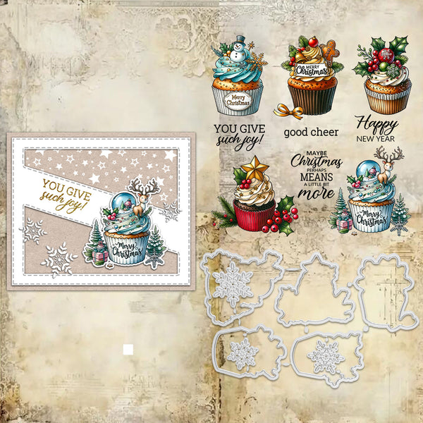 Christmas-themed cupcake stamps and dies on a textured background