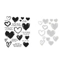 Collection of heart-shaped stamps with various designs on a white background