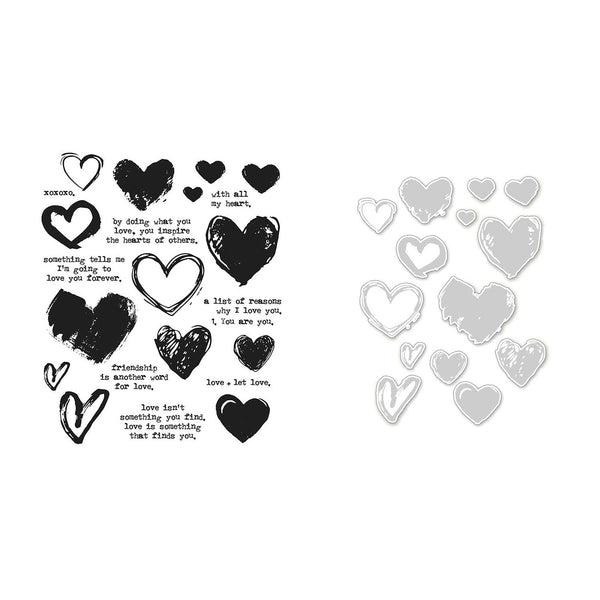 Collection of heart-shaped stamps with various designs on a white background