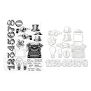 Set of vintage-style illustrations including typewriters, numbers, and other objects on a white background.