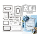 Collection of vintage-style labels and frames on a white background with decorative elements.