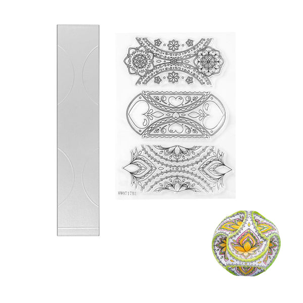 Decorative tattoo sheet with intricate designs and a colorful sample on a white background