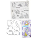 Set of clear stamps and metal dies with cartoon designs on a white background