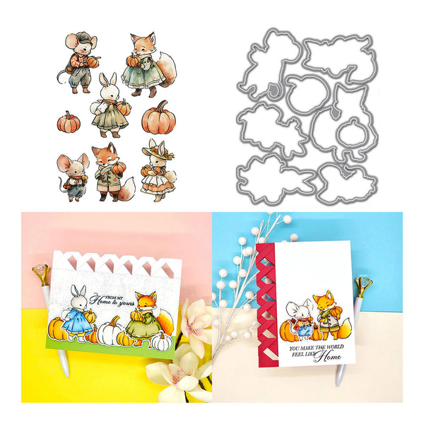 Set of die-cutting stamps with animal illustrations and metal cutting dies on a white background.