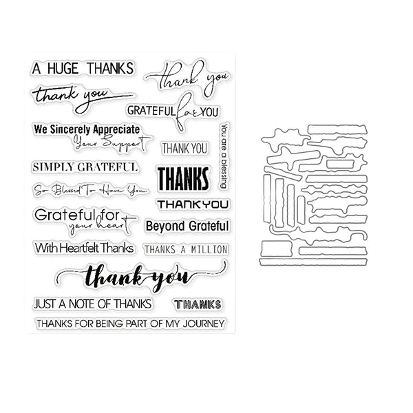 Clear stamp set with various 'thank you' phrases and a die-cut shape on a white background.