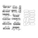 Set of clear stamps with various phrases and shapes on a white background