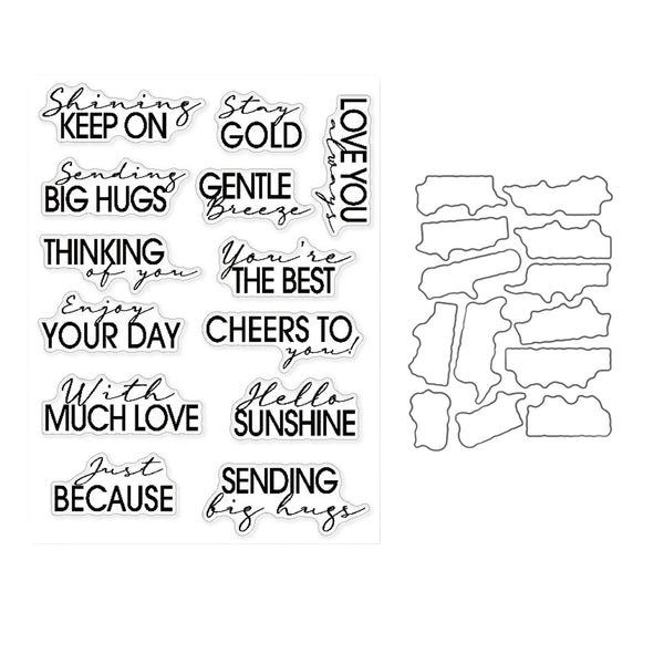 Set of clear stamps with various phrases and shapes on a white background